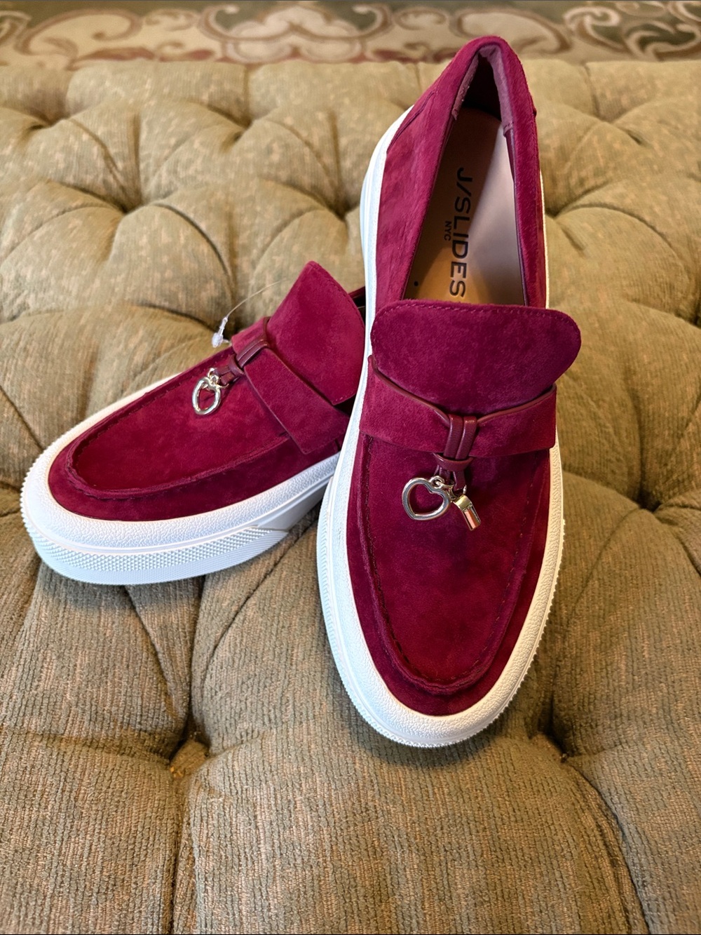J/Slides  Wine Suede Slip-On Loafers with gold tone charms. Size 6 1/2